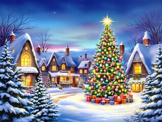 Christmas tree with gifts in a snowy winter village scene, Whimsical Whoville Inspired Christmas tree in snow