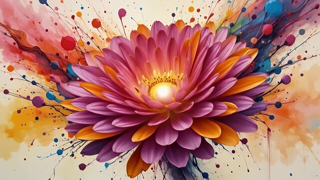 Abstract watercolor floral bloom animation, vibrant colors and artistic splashes