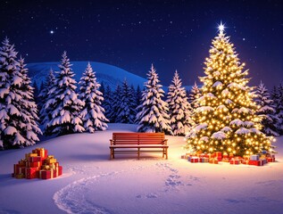 Christmas tree in snowy forest at night with gifts and bench, Happy Christmas tree