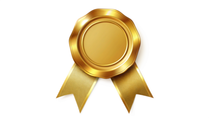 Golden award medal with ribbon isolated on transparent background, achievement concept