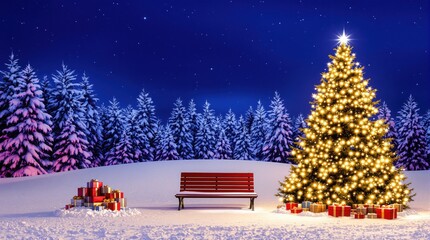 Christmas tree in a snowy winter night with gifts and a bench