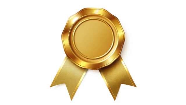 Golden award medal with ribbon isolated on transparent background, achievement concept