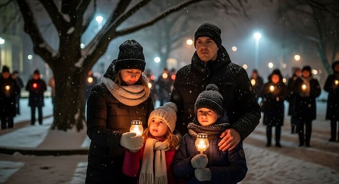Candlelight vigil: Family and community walking with candles on winter night.