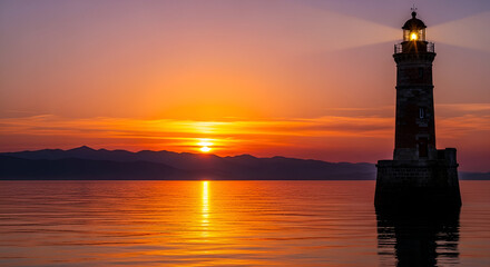 Dramatic Lighthouse At Sunset Reflecting Over Calm Ocean With Glowing Sky And Mountain Silhouette 77824342 1