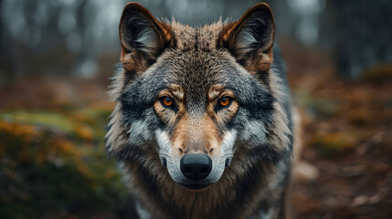 Fototapeta premium Close-up realistic shot of a wild wolf in its natural habitat