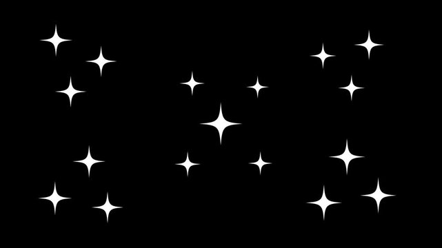 Twinkle  stars sparkling animatiom, Glitter dust sparkle star animation with white cartoon doodle stars, shimmering twinkle particle trails, glowing starlight motion on black screen in 4K loop