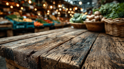 Wooden table mockup with supermarket blurred background.