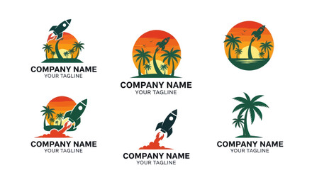 Rocket launch logo design with tropical sunset and palm trees for travel agency.