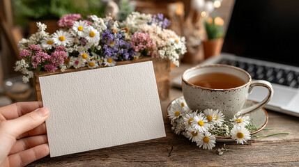 Blank greeting card mockup with flowers and tea.