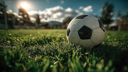Minimalist Soccer Ball on Grass Under Sunny Sky.
