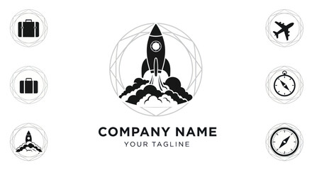 Rocket launch logo template with travel and exploration icons.