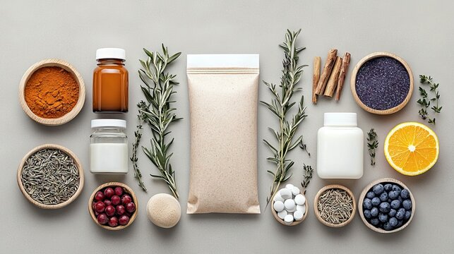 A flat lay arrangement of various natural ingredients and health supplements, including spices, herbs, fruits, and pills, displayed on a plain background.