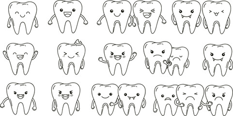 Grid of cartoon tooth characters showing diverse emotions and gestures with accessories like bows, blush, tears, and interactions