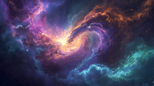 Fantasy cosmic nebula swirling with vibrant magical colors