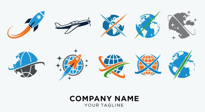 Collection of travel aviation and global logistics logo design templates.