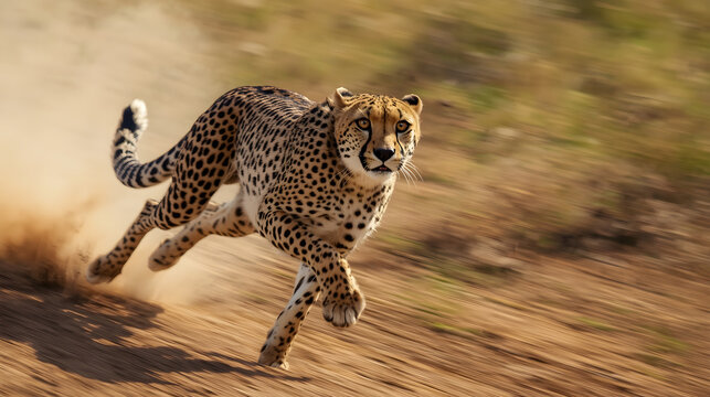 Slow-motion cinematic realistic shot of a cheetah sprinting across the savanna
