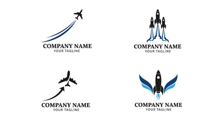 Set of Aviation and Aerospace Company Logos with Airplanes and Rockets.