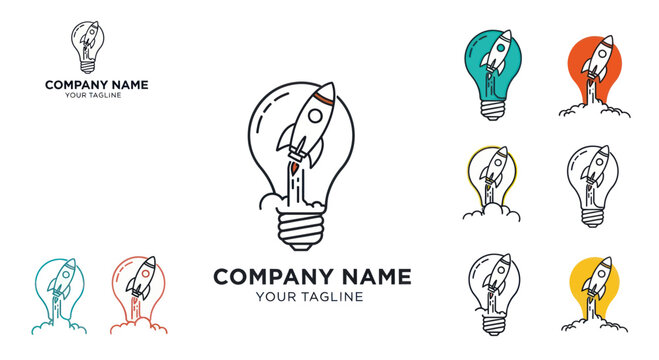 Creative startup idea logo collection with rocket and lightbulb sketch.