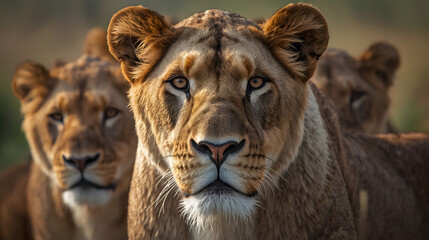 Fototapeta premium Close-up realistic photo of a pride of lions, focusing on the detailed face and eyes of the lion in front