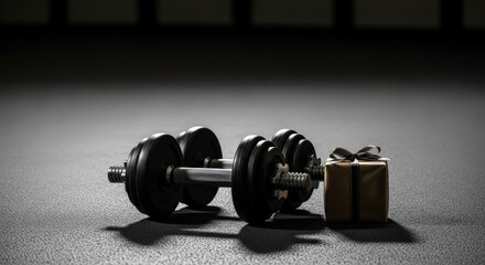 A dumbbell and a luxurious gift box sit side by side on a dark gym floor, symbolizing the reward for dedication to wellness