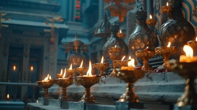 Shiva indian culture Ancient Temple Ritual Lamps Glowing Brightly