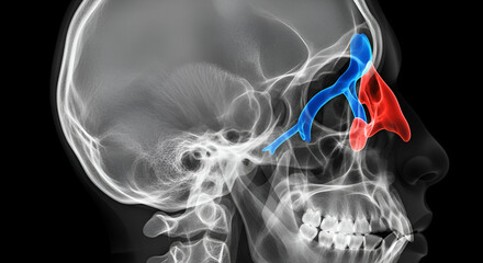 Digital Xray Head Image Showing Human Skull And Highlighted Nasal Cavity In Blue And Red Tones 18277767 1