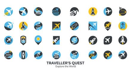 Travellers Quest vector icon set for global exploration and adventure.