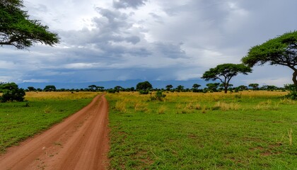 Fototapeta premium Time lapse of dramatic storm clouds gathering over a solitary dirt road cutting through the vast, detailed emerald grasslands of the African savanna