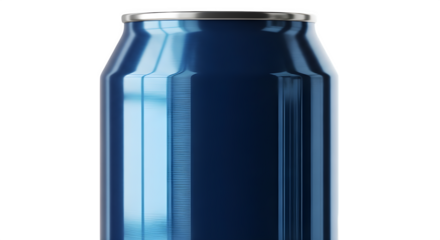 Close up of blue aluminum can isolated on transparent background for beverage product