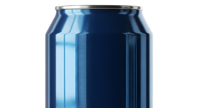 Close up of blue aluminum can isolated on transparent background for beverage product