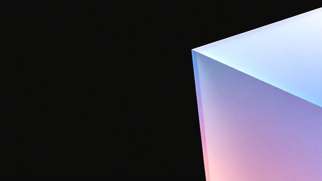 A futuristic abstract composition showing the corner of a crystal prism with colorful light dispersion creating a beautiful gradient against a stark black background, a minimalist modern concept