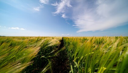 A dynamic time lapse perspective moving through a vast green and golden grain field swaying in the wind under a summer sky
