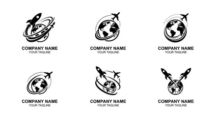 Collection of Travel and Exploration Logo Designs with Globe and Aircraft Elements. © ASMARA