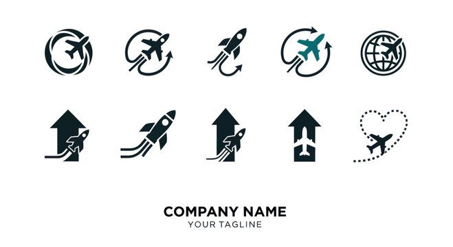 Collection of travel and transport logos with airplanes and rockets for various companies.