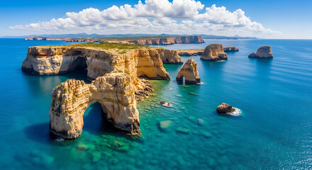 Stunning aerial view of dramatic coastal cliffs and sea arches bathed in vibrant sunlight with crystal clear turquoise waters below