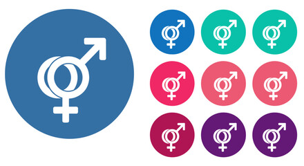 Gender symbols in circles of various colors.