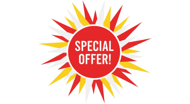A vibrant graphic design featuring a red circle with the words 'SPECIAL OFFER!' and radiating starburst elements. - Powered by Adobe
