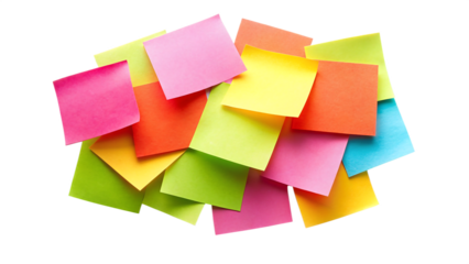 Heap of colorful sticky notes isolated on transparent background for organization