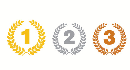 Gold, silver, and bronze laurel wreaths with numbers 1, 2, and 3 on a white background.