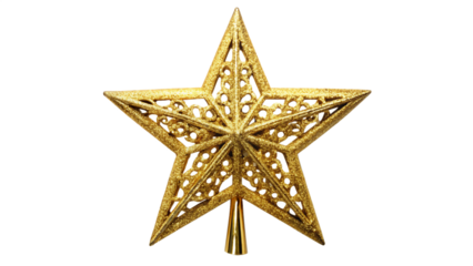 Golden star christmas tree topper isolated on transparent background for decoration