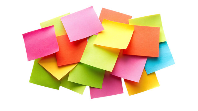 Heap of colorful sticky notes isolated on transparent background for organization