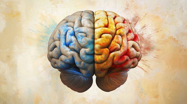 hemisphere. Split human brain illustration contrasting creative and logical sides with warm and cool colors. wellbeing guides, coaching materials, designed for coaching and self-improvement content.