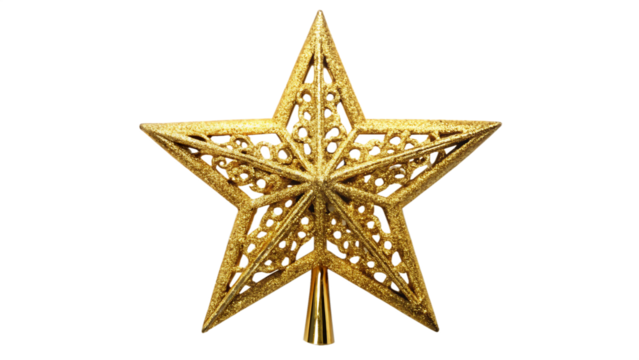 Golden star christmas tree topper isolated on transparent background for decoration