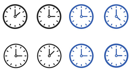 Set of eight clock faces showing different times.