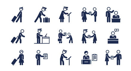 Collection of various illustrations depicting airport procedures and interactions between people.