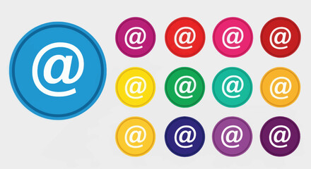 Collection of colorful email symbols in circular shapes, arranged in a group on a light background.