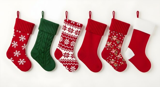 Festive christmas stockings hanging in a row ready for holiday cheer