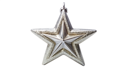 Silver star christmas ornament hanging on a transparent background, isolated on transparent background