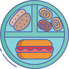 Round Blue Divided Meal Tray With Hot Dog Bread Rolls And Pastries Food Illustration Isolated On White Background