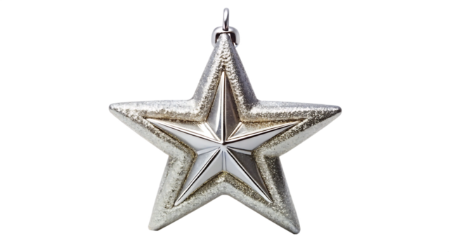 Silver star christmas ornament hanging on a transparent background, isolated on transparent background